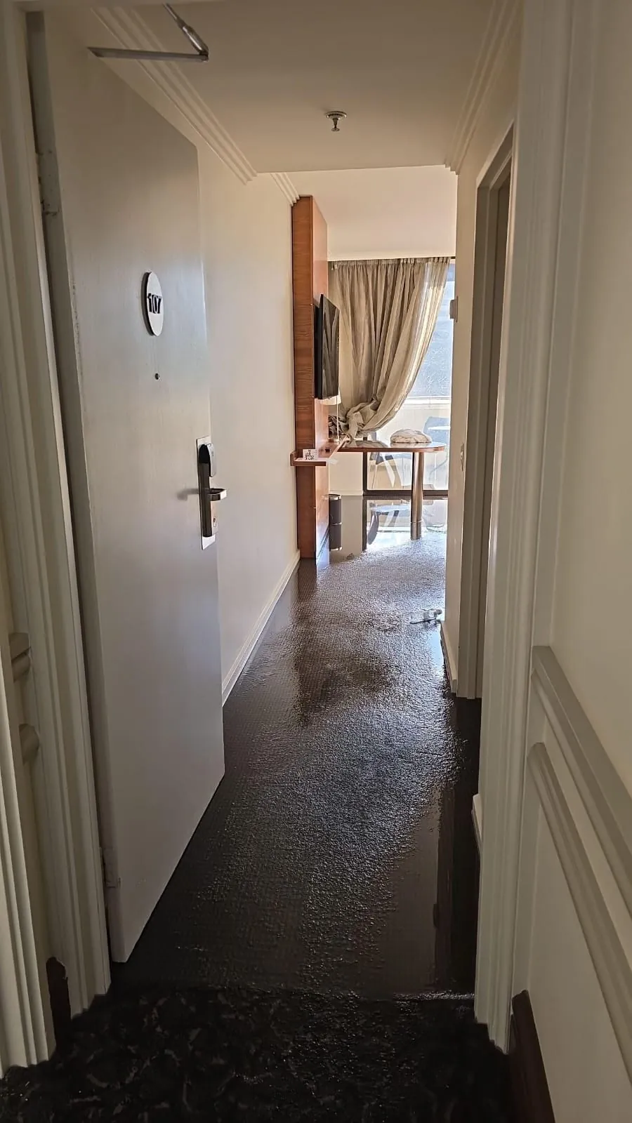 Water along the corridor into a guest room.
