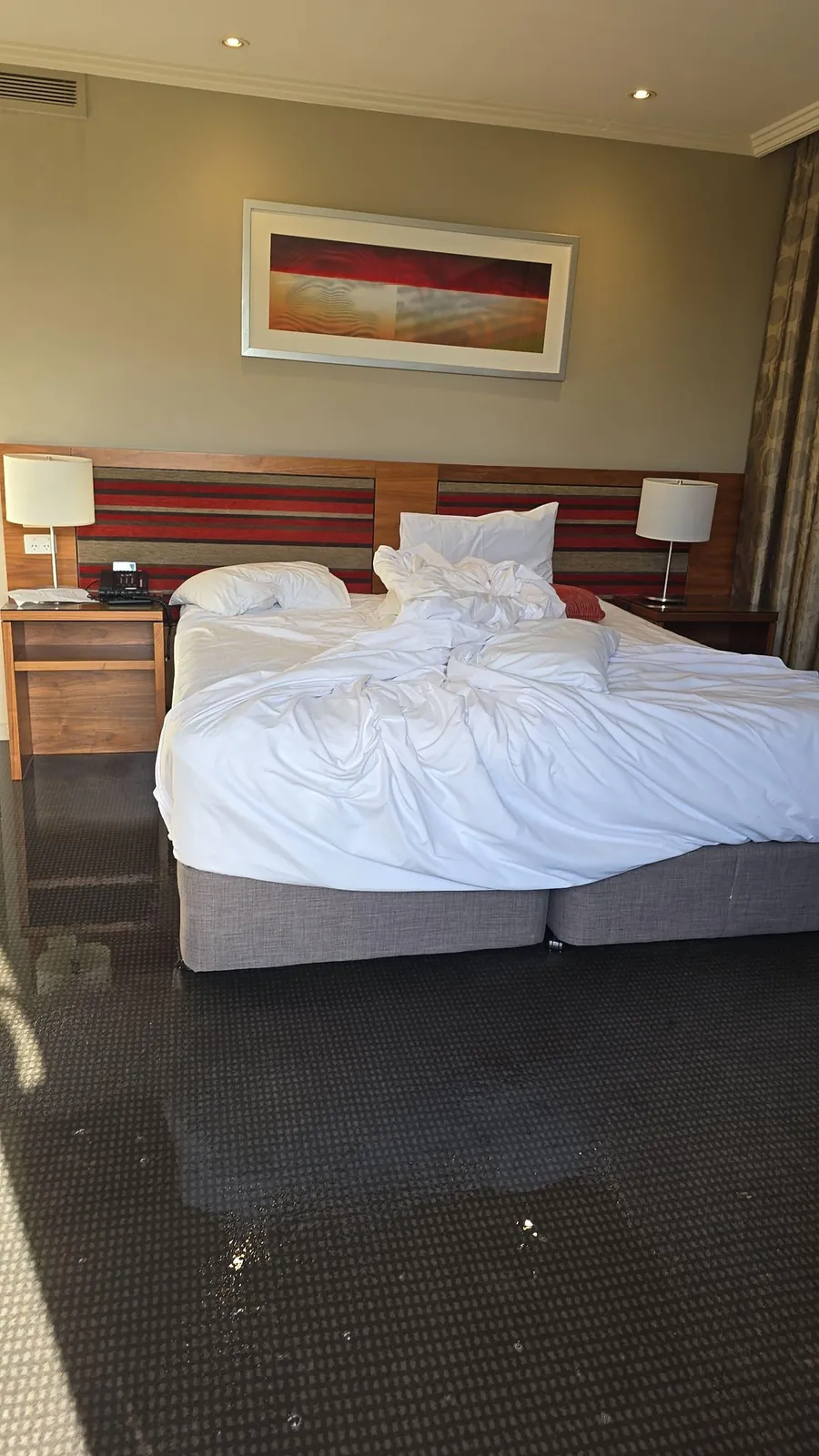 Water across the floor of a Level 1 guest room.