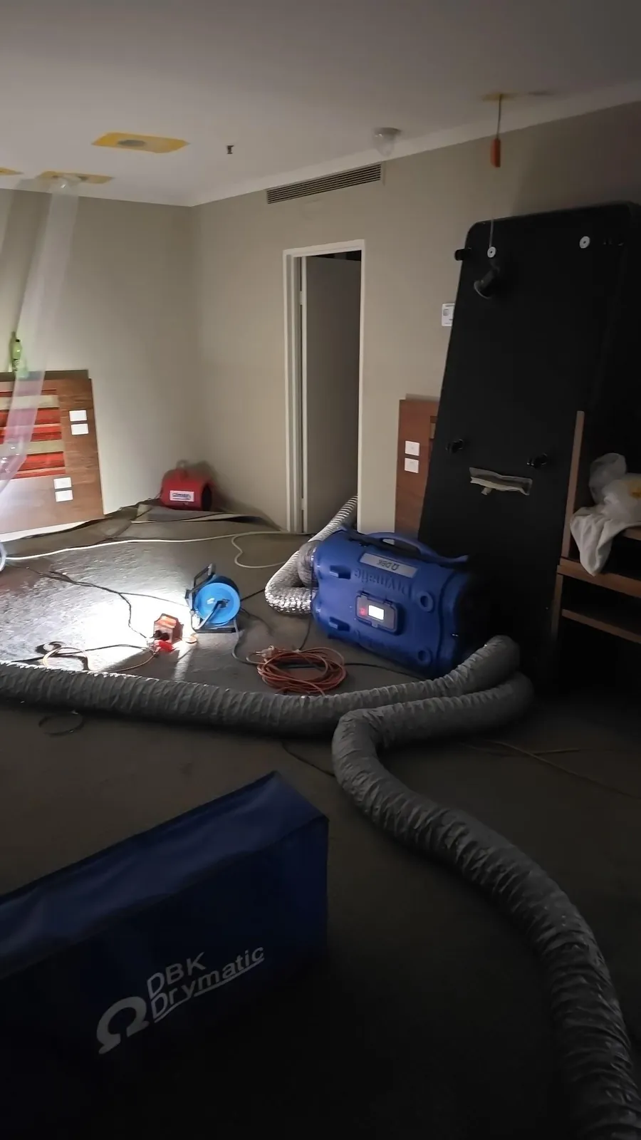 Drying set-up in a Level 5 guest room, with contents moved clear.