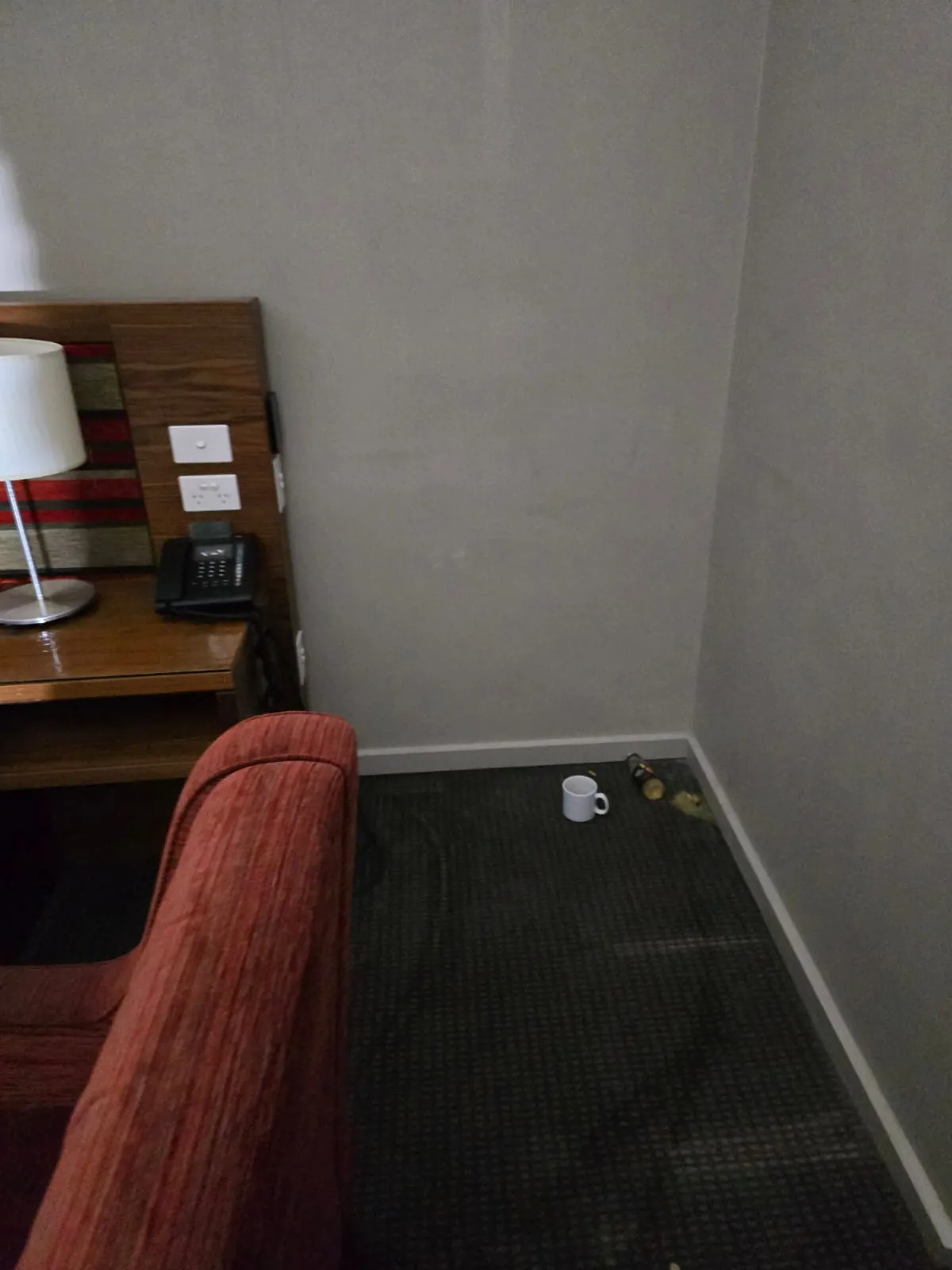 Wet carpet along the wall of an affected guest room.